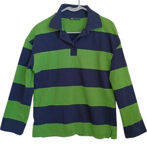 Zara Pullover Blue Green Broad Striped Polo Shirt Preppy Nautical Womens Small
